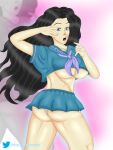  1girl absurdres ass black_hair blue_eyes breasts highres huge_ass jojo_no_kimyou_na_bouken large_breasts long_hair looking_at_viewer miniskirt open_mouth self-upload skirt solo thick_thighs thighs twitter_username yamagishi_yukako 