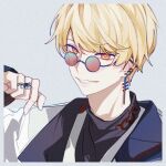  1boy black_shirt blonde_hair blue_jacket border ear_piercing earrings grey_background grey_border highres industrial_piercing jacket jewelry looking_at_viewer male_focus multiple_earrings neck_tattoo orange_eyes paradox_live piercing ring shirt smile solo sunglasses tattoo teeth turtleneck twitter_username wu_u yeon_hajun 