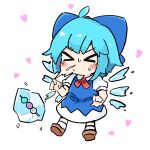  &gt;_&lt; 1girl ahoge blue_bow blue_dress blue_hair blush bow brown_footwear cirno collared_shirt dango detached_wings dress fairy food full_body hair_bow highres ice ice_wings petals sanshoku_dango shirt shoes short_hair short_sleeves simple_background socks solo tatutaniyuuto touhou wagashi white_background white_shirt white_socks wings 