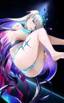  1girl absurdres ass bare_shoulders barefoot blue_fire blue_hair blush body_markings bracelet breasts earrings fate/grand_order fate_(series) fire floating flower hair_flower hair_ornament hair_ribbon highres jewelry kama_(fate) kama_(swimsuit_avenger)_(fate) kama_(swimsuit_avenger)_(third_ascension)_(fate) large_breasts long_hair looking_at_viewer lotus multicolored_hair noir_(4chan) open_mouth red_eyes revealing_clothes ribbon soles star_(symbol) star_earrings thighs two-tone_hair white_hair 