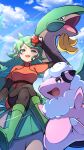  1girl :d absurdres ace_trainer_(pokemon) blush boots breasts cherish_ball cloud commentary_request crossed_legs day fingerless_gloves flaaffy glint gloves green_eyes green_footwear green_hair hand_up highres holding holding_poke_ball jacket long_hair open_mouth orange_jacket orange_skirt outdoors pantyhose poke_ball pokemon pokemon_(creature) pokemon_(game) pokemon_dppt pon_yui riding riding_pokemon sitting skirt sky smile tropius 