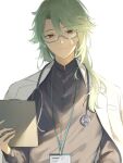  1boy alternate_costume baizhu_(genshin_impact) black_shirt clipboard coat coat_on_shoulders doctor dress_shirt genshin_impact glasses green_hair hair_between_eyes highres holding holding_clipboard id_card lab_coat lanyard light_particles long_hair long_sleeves looking_at_viewer male_focus mandarin_collar mskmmti semi-rimless_eyewear shirt simple_background smile solo stethoscope straight-on under-rim_eyewear upper_body white_background yellow_eyes 