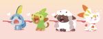 &gt;_&lt; :d :t blue_eyes bright_pupils brown_eyes feeding food grookey heart highres kitschchris mixed-language_commentary no_humans open_mouth pokemon pokemon_(creature) scorbunny sitting smile sobble spoon tongue wooloo 