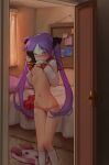  1girl absurdres bed bedroom blush bow bow_panties breasts bulletin_board cellphone clothes_lift covering_mouth door highres hiiragi_kagami holding holding_phone indoors lacryboy lifted_by_self long_hair lucky_star medium_breasts narrowed_eyes navel nipples no_bra nose_blush open_door panties phone purple_eyes purple_hair rug school_uniform screen_light serafuku shirt_lift skirt skirt_removed slippers slippers_removed smartphone socks solo sweat tsurime twintails underwear very_long_hair 