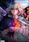  1boy absurdres blue_eyes blush butterfly_wings change_of_heart cloak crossover crown dark_persona diamond_hairband dragonfly_wings fate/grand_order fate_(series) fur-trimmed_cloak fur_trim heart highres holding holding_heart looking_at_viewer maewenmitzuki male_focus oberon_(fate) oberon_(third_ascension)_(fate) official_alternate_hair_color smile solo split_theme spoilers symbolism upper_body wings yu-gi-oh! 