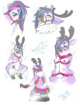  2016 anthro antlers areola black_nipples black_sclera blue_eyes blush bodily_fluids breasts bridle butt chest_tuft crotch_tuft crouching deer female fur hair hands_behind_back harness hi_res highlights_(coloring) horn kneeling looking_at_viewer mammal multicolored_body multicolored_fur multiple_images navel new_world_deer nipples open_mouth purple_body purple_fur purple_hair reindeer saliva signature simple_background solo sparkles standing tail teeth tomhoshino tongue tongue_out tuft two_tone_body two_tone_fur white_background white_body white_fur 