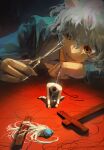  1boy 1other :3 androgynous animal_ears cat_ears chimera_ant cross death decapitation glint highres holding holding_scissors horror_(theme) hun_bbokbbok hunter_x_hunter impaled kite_(hunter_x_hunter) kneeling marionette needle neferpitou on_table puppet scissors sewing_needle short_hair spoilers table 