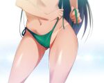  1girl ass_visible_through_thighs bikini black_hair commentary_request ganaha_hibiki groin hip_focus idolmaster idolmaster_(classic) kaiga long_hair lower_body navel side-tie_bikini_bottom simple_background solo swimsuit tan tanlines thighs untied_bikini wet 