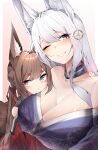  2girls ;d absurdres amagi-chan_(azur_lane) animal_ears azur_lane bare_shoulders blue_eyes blue_kimono blush breasts brown_hair cleavage commentary_request detached_collar eyeshadow floral_print flower fox_ears fox_girl fox_tail grin hair_between_eyes hair_flower hair_ornament hand_on_another&#039;s_chest hand_on_another&#039;s_shoulder happy head_on_chest highres hug japanese_clothes kimono kitsune large_breasts leaning_on_person long_hair looking_at_viewer makeup multiple_girls multiple_tails off_shoulder one_eye_closed purple_eyes red_eyeshadow red_kimono samip shinano_(azur_lane) slit_pupils smile tail twintails upper_body very_long_hair white_flower white_hair 