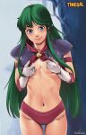  1girl artist_name ass_visible_through_thighs blue_eyes breasts cleavage clothes_lift copyright_name covering covering_breasts gloves green_hair highres lifted_by_self long_hair looking_at_viewer navel no_bra purple_shirt red_shirt red_shorts reika_(time_gal) retorabi00 shirt shirt_lift short_shorts shorts smile solo thigh_gap thighs time_gal white_gloves 