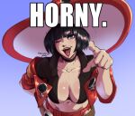 1girl black_choker black_hair blizzardingpike breasts choker cleavage green_eyes guilty_gear guilty_gear_strive hat i-no large_breasts long_sleeves looking_at_viewer medium_hair meme mole mole_above_mouth navel no_horny_(meme) open_mouth red_headwear red_lips short_hair smile upper_body venus_symbol witch_hat 