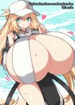  1girl alternate_breast_size artoria_caster_(fate) artoria_pendragon_(fate) beach black_swimsuit blonde_hair blush bouncing_breasts breasts cleavage collared_shirt dadadanoda day fate/grand_order fate_(series) flat_cap gigantic_breasts green_eyes hat heart highres long_hair looking_at_viewer motion_lines ocean shirt shore sidelocks smile solo sweatdrop swimsuit twintails twitter_username two-tone_swimsuit very_long_hair w_arms water waves white_headwear white_swimsuit 