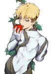  1boy amputee apple blonde_hair blue_eyes bodysuit covered_navel earrings eating entangled food fruit gloves hand_up highres holding holding_food holding_fruit jewelry looking_at_viewer male_focus open_mouth partially_fingerless_gloves plant raku7560 short_hair simple_background solo trigun trigun_stampede undercut vash_the_stampede vines white_background white_bodysuit 