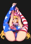  1girl american_flag american_flag_dress american_flag_legwear armpits black_background blonde_hair blush breasts bright_pupils closed_mouth clownpiece covered_nipples dress frilled_shirt_collar frills full_body hat jester_cap leggings legs_up long_hair looking_at_viewer neck_ruff panties pants pantyhose polka_dot puck100ml red_eyes simple_background smile solo spread_legs star_(symbol) thighhighs touhou underwear very_long_hair white_pupils 
