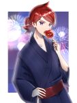  1boy border candy_apple character_print collarbone commentary_request cowlick crobat eating fireworks food hand_on_own_hip hand_up highres japanese_clothes kamicho_musharu kimono long_hair looking_at_viewer male_focus night open_mouth outdoors pokemon pokemon_(game) pokemon_hgss purple_eyes red_hair red_sash sash silver_(pokemon) solo teeth tongue white_border yukata 