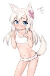  1girl absurdres animal_ears bikini blonde_hair blue_eyes cat_ears cat_tail cosplay frilled_bikini frills hair_ribbon highres kantai_collection leaning_forward long_hair looking_at_viewer maru_(marg0613) official_alternate_costume one-hour_drawing_challenge paw_pose ribbon ro-500_(kancolle) ro-500_(kancolle)_(cosplay) simple_background solo standing swimsuit tail u-511_(kancolle) white_background white_bikini 