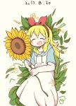  1girl :d aikatsu! aikatsu!_(series) blonde_hair blush chouya_(kunios) closed_eyes dated facing_viewer flower hair_ribbon hairband happy holding holding_flower hood hood_down hooded_dress hoshimiya_ichigo leaf long_hair open_mouth red_hairband ribbon short_sleeves smile solo standing sunflower yellow_flower 