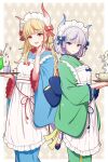  apron back-to-back blonde_hair blue_bow blue_eyes blue_hair blue_horns blue_kimono blue_tassel blue_trim blunt_bangs border bow closed_mouth commentary_request cup dot_nose drink earrings frilled_apron frilled_hairband frills green_kimono hair_bow hairband hand_on_own_cheek hand_on_own_face highres holding holding_tray horns japanese_clothes jewelry kimono light_purple_hair long_hair looking_at_viewer maid maid_apron maid_headdress multicolored_hair obi obijime original outside_border parted_lips red_bow red_eyes red_hair red_horns red_lips red_nails red_tassel red_trim sash short_hair siblings sidelocks sisters steam streaked_hair stud_earrings teacup tokeshi tray wa_maid white_apron white_border white_hairband yukata 