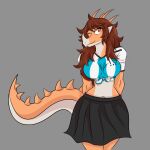  1:1 2023 anthro aquilops big_breasts bottomwear breasts brown_hair clothing curvy_figure digital_drawing_(artwork) digital_media_(artwork) dinosaur female goodbye_volcano_high grey_background hair hands_behind_back hi_res horn long_hair long_tail looking_at_viewer midriff multicolored_body multicolored_scales navel one_eye_closed orange_body orange_eyes orange_scales reptile resston1 rosa_(gvh) scales scalie shirt simple_background skirt small_waist smile snoot_game_(fan_game) snout solo spikes spikes_(anatomy) tail tan_body tan_scales tied_shirt topwear two_tone_body two_tone_scales voluptuous wide_hips wink winking_at_viewer 