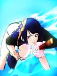 1girl absurdres bad_anatomy beach bikini black_hair bottomless breasts genshin_impact highres large_breasts non-web_source purple_eyes raiden_shogun solo summer swimsuit sword thighhighs tongue tongue_out weapon 
