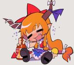  1girl alcohol beer belt black_footwear blouse bow chibi draculoid drunk hair_bow highres horn_bow horn_ornament horn_ribbon horns ibuki_suika long_hair oni_horns orange_hair purple_bow purple_ribbon purple_skirt red_bow ribbon ribbon-trimmed_skirt ribbon_trim shirt shoes sidelocks skirt sleeveless sleeveless_shirt socks toon_(style) touhou very_long_hair white_shirt wrist_cuffs 