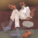  anthro canid canine canis clothing crossed_legs dialogue dreamworks footwear hi_res looking_at_viewer low-angle_view male mammal mofu_(artist) mr._wolf_(the_bad_guys) shoes smelly smelly_feet smug socks solo speech_bubble taking_off_shoes teasing the_bad_guys wolf 
