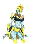  1girl autobot blue_eyes blue_skin blush breasts colored_skin curvy elita_one highres humanoid_robot itstom06331391 medium_breasts narrow_waist panties ponytail robot science_fiction simple_background smile solo transformers transformers_animated underwear white_background yellow_panties 