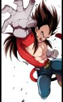  1boy abs bb_m0024 biceps denim dragon_ball dragon_ball_gt gloves highres incoming_attack jeans looking_at_viewer monkey_boy monkey_tail muscular navel no_nipples open_mouth pants red_fur saiyan solo super_saiyan super_saiyan_4 tail vegeta 