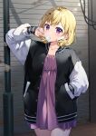 1girl blonde_hair blush bon_(bonbon315) buttons cat_hair_ornament chewing_gum dress hair_ornament hairclip hand_in_pocket hand_up highres jacket long_sleeves looking_at_viewer manicure nail_polish open_clothes open_jacket original purple_dress purple_eyes solo 