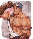  1boy abs apron bara belt blue_hair clenched_teeth crave_saga dated giganto_(crave_saga) gloves goggles goggles_on_head highres looking_to_the_side male_focus pectorals red_eyes scar scar_on_face signature solo sweat teeth topless_male wiping_forehead wiping_sweat yanutorie 