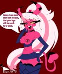  absurd_res breasts clothed clothing demon demon_humanoid female genitals hair helluva_boss hi_res humanoid nipple_piercing nipples open_mouth open_smile partially_clothed piercing pink_body pink_eyes pussy simple_background smile solo speech_bubble succubus tail teeth theplagueart thick_thighs tongue verosika_mayday_(helluva_boss) white_hair 