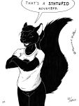  2023 anthro black_and_white black_body black_fur black_hair bottomless buckteeth cassandra_(cybercorn_entropic) clothed clothing crossed_arms cybercorn_entropic dialogue eyes_closed female fur genitals grey_squirrel hair inktober lisp mammal meme monochrome no_nut_november open_mouth pussy rodent sciurid shirt solo t-shirt teeth topwear tree_squirrel 