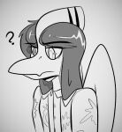  2023 alternate_hairstyle anthro black_and_white clothing dinosaur goodbye_volcano_high hair jacket long_hair male monochrome naser_(gvh) pterodactylus pterosaur question_mark reptile scalie seven_(artist) snoot_game_(fan_game) snout solo topwear wings 