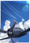  absurdres aircraft airplane blue_sky cloud commentary_request day f6f_hellcat highres lens_flare motion_blur no_humans original outdoors sky tokiwa_senkei 