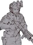  1boy assault_rifle beard cowboy_shot ear_protection facial_hair gloves greyscale gun handgun helmet highres holding holding_gun holding_weapon holstered looking_ahead m4_carbine male_focus military military_operator monochrome night_vision_device original pen_guin15 plate_carrier pouch rifle shoulder_patches simple_background sketch solo suppressor tactical_clothes trigger_discipline weapon white_background 