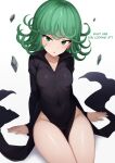  1girl black_dress breasts covered_navel curly_hair dress english_text green_eyes grey_hair highres mikoscrub one-punch_man open_mouth pelvic_curtain short_hair simple_background sitting small_breasts solo tatsumaki thighs white_background 