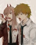  1boy 1girl black_necktie black_pants blonde_hair blood blood_on_clothes blood_on_face blood_on_hands brown_hair chainsaw_man collared_shirt cross-shaped_pupils denji_(chainsaw_man) excessive_nosebleed hair_between_eyes horns long_hair looking_to_the_side necktie nosebleed off_shoulder pants power_(chainsaw_man) pt_sasa12 red_horns shirt shirt_tucked_in short_hair simple_background symbol-shaped_pupils white_background white_shirt wiping_blood yellow_eyes 