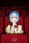  1girl 1other blue_eyes blue_hair bow bowtie brown_jacket chair commentary covering_mouth crying english_commentary hair_ornament hairclip highres jacket looking_afar mahou_shoujo_madoka_magica miki_sayaka mitakihara_school_uniform movie_theater red_bow red_bowtie school_uniform ziyin 
