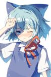  1girl blue_bow blue_eyes blue_hair blue_jacket bow cirno expressionless hair_bow hand_over_face highres jacket large_bow one_eye_closed shadow shirt short_hair solo suikario touhou white_background white_shirt 