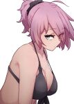  1girl ahoge aoba_(kancolle) bikini blue_eyes breasts cleavage front-tie_bikini_top front-tie_top highres ikadamo kantai_collection large_breasts leaning_forward looking_at_viewer messy_hair ponytail purple_hair short_hair simple_background solo swimsuit upper_body white_background 