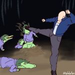  1:1 2023 4gladartem alligator alligator_kick_(meme) alligatorid artist_name bald clothing crocodilian detailed_background digital_drawing_(artwork) digital_media_(artwork) faceless_character female feral fingers footwear green_body green_hair green_scales grey_eyes group hair hoodie human i_wani_hug_that_gator inco_(iwhtg) jacket kick light-skinned_male light_body light_skin male mammal meme night olivia_(iwhtg) open_mouth outside reptile scales scalie shoes short_hair signature sneakers snout swamp topwear water yellow_sclera 