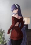  1girl absurdres blue_eyes cosplay dress fate/grand_order fate_(series) hayami_saori highres long_hair looking_at_viewer looking_back meltryllis_(fate) obazzotto off-shoulder_sweater off_shoulder pantyhose purple_hair red_shirt red_sweater ribbed_sweater shirt solo spy_x_family sweater sweater_dress two-sided_fabric very_long_hair voice_actor_connection yor_briar yor_briar_(cosplay) 