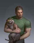  2boys absurdres animal animalization bara black_hair black_pants blue_eyes brown_hair brown_jacket chris_redfield closed_mouth facial_hair gradient_background green_shirt highres holding holding_animal jacket large_pectorals leon_s._kennedy male_focus multiple_boys muscular muscular_male open_clothes open_jacket pants pectorals raccoon resident_evil sgl08 shirt short_hair 