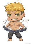  1boy absurdres bara bare_pectorals blonde_hair chibi dog_tags facial_hair goatee gyee highres huge_horns male_focus mature_male muscular muscular_male nipples original pectorals romg sanpaku scar scar_across_eye second-party_source short_hair sideburns solo tearing_clothes tekkowang torn_clothes undercut undressing zipper 