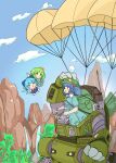  3girls absurdres backpack bag blue_dress blue_eyes blue_hair blue_shirt blue_skirt blush cirno collared_shirt commission daiyousei day dress flat_cap green_eyes green_hair green_headwear hair_bobbles hair_ornament hat highres kawashiro_nitori key mecha mechanical_arms multiple_girls open_mouth parachute robot shirt short_hair short_sleeves side_ponytail skeb_commission skirt smile tatutaniyuuto touhou tree two_side_up white_shirt 