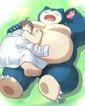  anthro art_hoshi blue_body brown_hair chubby_anthro chubby_human chubby_male duo embrace eyes_closed eyewear generation_1_pokemon glasses hair hi_res holding_partner hug human human_on_anthro interspecies intimate larger_anthro larger_male lying lying_on_another male mammal moobs multicolored_body nintendo nipples nude pokemon pokemon_(species) pokemon_professor pokephilia professor_neroli size_difference sleeping smaller_human smaller_male snorlax white_body 