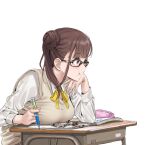 1girl bespectacled black-framed_eyewear book breast_rest breasts brown_eyes brown_hair chocolate chocolate_on_clothes chocolate_on_face collared_shirt desk double_bun food food_on_face glasses hair_bun hamedoragon hand_on_own_chin holding holding_pen idolmaster idolmaster_shiny_colors large_breasts notebook open_book pen pencil_case ribbon school_desk school_uniform shirt simple_background sitting sleeveless sleeveless_sweater solo sonoda_chiyoko sweater twintails upper_body white_background white_shirt wrapper yellow_ribbon 