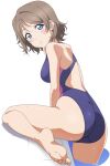  absurdres ass blue_eyes blush breasts brown_hair facing_viewer feet highres love_live! love_live!_sunshine!! nagi_mkrnpn one-piece_swimsuit poolside short_hair sideboob solo swimsuit thighs watanabe_you 