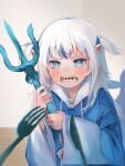  1girl angry blue_eyes blue_hair blue_hoodie blunt_bangs blurry blurry_background blush crying depth_of_field fins fish_tail fork furrowed_brow gawr_gura hair_ornament highres holding holding_trident holding_weapon hololive hololive_english hood hood_down hoodie indoors knife long_hair long_hoodie long_sleeves looking_at_viewer multicolored_hair open_mouth polearm pov sad shark_girl shark_hair_ornament shark_tail sharp_teeth solo_focus streaked_hair streaming_tears suguri_nojo tail tearing_up tears teeth trident two-handed two_side_up upper_body virtual_youtuber wavy_mouth weapon white_background white_hair wide_sleeves wooden_floor 