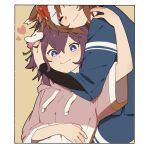  2girls animal_ears blue_eyes blue_shirt blush border brown_hair closed_eyes closed_mouth heart highres hood hood_down hoodie horse_ears hug long_sleeves looking_at_viewer multicolored_hair multiple_girls pink_hoodie pinwheel_hair_ornament purple_hair sakura_chiyono_o_(umamusume) shirt short_hair smile streaked_hair umamusume yaeno_muteki_(umamusume) yano_(edbr1022) yuri 